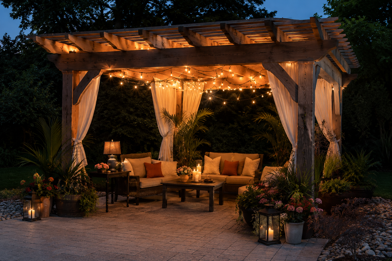 A wooden pergola at dusk strung with warm lights, candles, and outdoor seating