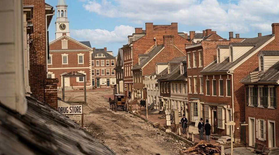 Restored historic Lancaster street view with brick buildings, drug store sign, and clock tower in the distance