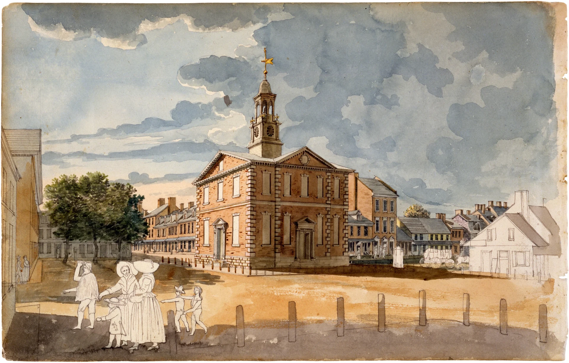 Historic watercolor painting of an old Lancaster brick courthouse with townspeople in the foreground